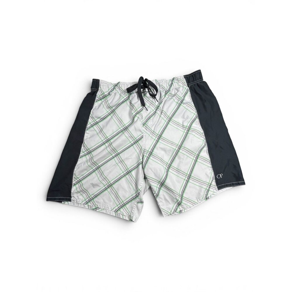 OP Mens Swim Trunks 2XL White Plaid Board Shorts Mesh Lined Elastic Waist Beach